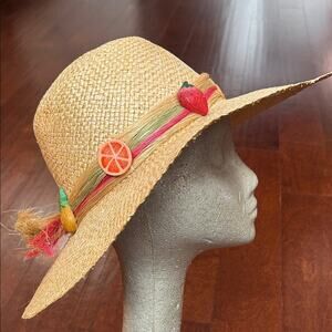 Woven Straw Hat with Fruit Details, Wide Brim Perfect for a Hot Day at the Beach